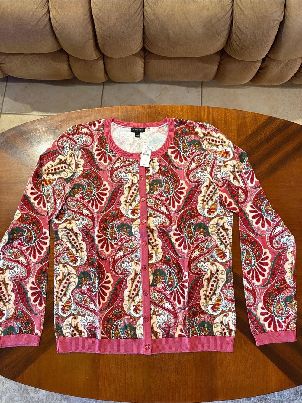 Talbots Women’s Charming Cardigan in Rosewood Paisley Pink
